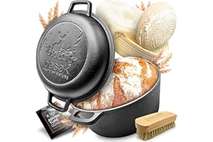 ‎BESOK besøk Brottopf Set [inkl. Gärkorb + Bürste + Rezeptheft] Anti-Haft Patina Gusseisen Topf ⌀26 cm [4,7 Liter] zum Brot backen - Brotbackform induktionsgeeignet eingebrannt rund mit Deckel