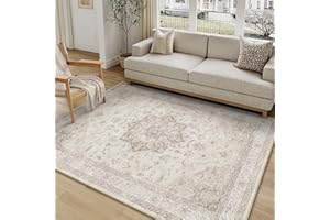 PureCozy Vintage Washable Beige Rugs Living Room Area Rug 120x170cm Bedroom Large Non Slip Soft Carpet Kitchen Bedroom Dining Room Office Indoor Low Pile Carpets