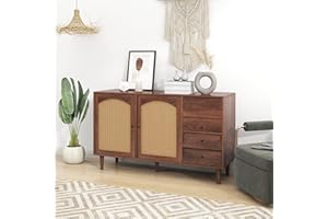 Sweiko 51" Rattan Kommode mit 2 Schubladen und 3 Türen, Sideboard mit Braune Massivholzbeine Schubladenkommode Verstellbares Regal Holz Mehrzweckschrank für Flur Schlafzimmer Wohnzimmer Badezimmer