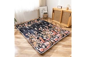 MAXYOYO Colchón de suelo japonés, colchón de futón, tapete de tatami grueso, almohadilla de dormir plegable, almohadilla de colchón para dormitorio, almohada para cama (floral negro, individual)