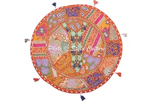 Stylo Culture Indisch Rund Bodenkissenbezug 55x55 cm Dekorativ Bodensitzkissen Vintage Orange Boho Patchwork Lounge-Sessel Baumwolle Bestickt Bodenkissen Rund Kinderzimmer