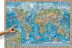 ORBIT GLOBES & MAPS Kinder-Weltkarte mit Tieren und Flaggen, Deutsch im Poster-Format XXL 138 x 98 cm mit aufschlussreicher Legende, Deko-Landkarte für Kinderzimmer