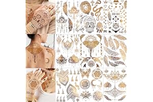 COKTAK 9 Blätter 88+ Festival Goldene Tattoo, Damen Mädchen, Fake Klebe Metallic Temporäre Tattoos Zum Aufkleben Schädel Elefant Lotus Mond, Gold Glitzer Klebetattoos Erwachsene, Frauen