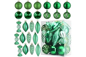 PREXTEX Zielone ozdoby bombki choinkowe na Boże Narodzenie - 24 sztuki choinki nietłukące się ozdoby z pętelką do zawieszenia na święta i imprezę (połączenie 8 kulek i stylów kształtów)