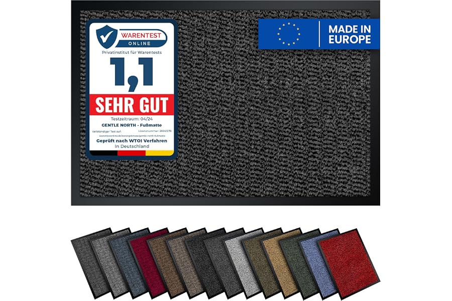 Produktabbildung zu Gentle North Hochwertige Fußmatte grau schwarz 40x60cm groß für Innen & Außen - Schmutzfangmatte rutschfest, waschbar & wetterfest - für Eingangsbereich & Aussenbereich - Läufer Flur dünn