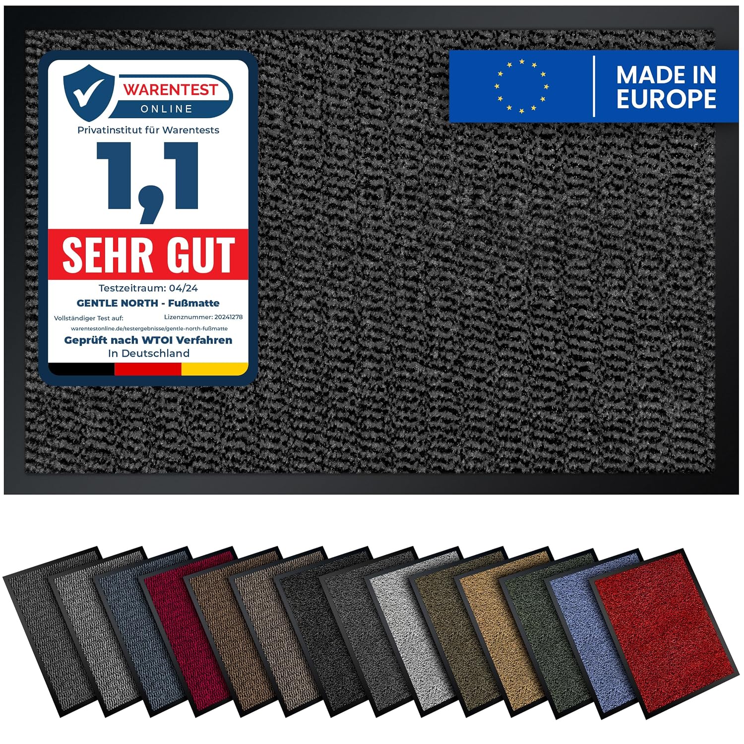 Gentle North Hochwertige Fußmatte grau schwarz 40x60cm groß für Innen & Außen - Schmutzfangmatte rutschfest, waschbar & wetterfest - für Eingangsbereich & Aussenbereich - Läufer Flur dünn