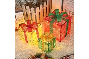 OVOISSTIY LED Cajas de Regalo Navidad con Luces, Juego de 3 Cajas Decorativas Navidad Luz 8 Modos con Control Temporizador, Caja Regalo Iluminadas para Decoración Navideña Árbol, Fiesta