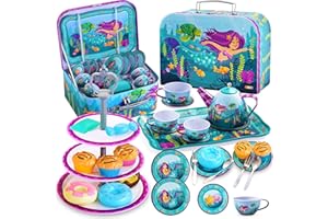 JOYIN 35Pcs Teeservice Kinder Meerjungfrau Tee Party Set für Mädchen, Tin Teekanne Set, Prinzessin Tee Zeit Spielen Küche Spielzeug mit Dessert, Donut, für Geschenke Kinder ab 3 4 5 6 Jahren