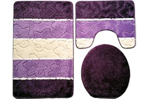 ILKADIM Orion Badgarnitur 3 TLG. Set 50x80 cm Mehrfarbig gestreift, WC Vorleger mit Ausschnitt für Stand-WC (Beere Flieder Creme)