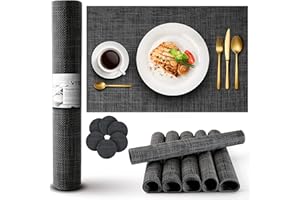 VISTAX Placemats and Coaster sets 6, Washable, Waterproof & Heat-Resistant Place Mats for Table, Non-Slip 45 x30CM Durable Table Mats for Dining, Easy to Clean & Reusable-Grey