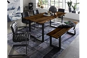 SAM 6 TLG. Essgruppe Quintus, Baumkantentisch 200x100 cm & -Bank 200x42 cm, Akazie-Holz nussbaumfarben, Gestell schwarz, 4X Schwingstuhl Parzivo schwarz