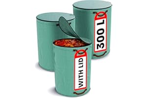 Praknu Garden Waste Bags 300L with Lid - 3x Heavy Duty Garden Sacks with 4 Tear Resistant Handles - Reusable - Robust Polypropylene - Ideal for Collecting Plant Waste Grass and Leaves