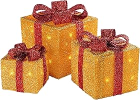 WeRChristmas Gift Box Silhouette with 35 Warm White LED Lights and Tinsel Christmas Decoration - Gold, Set of 3