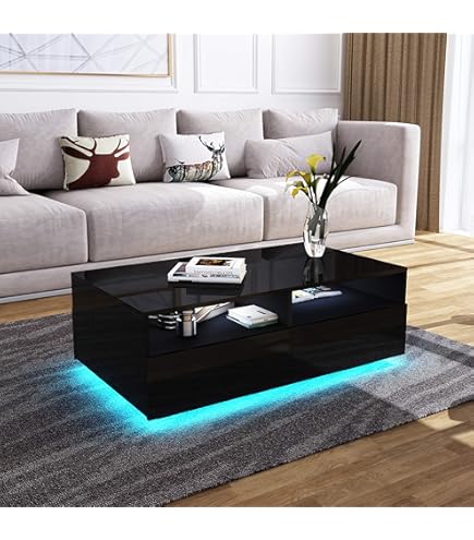 Couchtisch Mit LED Beleuchtung - Weiß, 104x53x46cm | Mit 2 Schubladen & Ablagefach