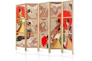 murando Room divider XXL Geisha & Dragon 225x171cm / 89"x68" 5 pieces single sided non woven fabric German quality room divider wood pattern design hand made deko Japan p-B-0027-z-c