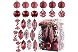 Prextex Bolas de Navidad Granates para Decoración Navideña – 24 Adornos Navidad Irrompibles con Anilla para Colgar – Decoración Navidad y Fiestas - Lote de Bolas en 8 Formas y Estilos