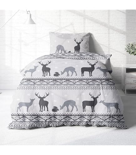 Traumschlaf Feinflanell Bettwäsche „Hirsch“ – 1x Bettbezug 200x200 Cm + 2x Kissenbezüge 80x80 Cm, Winter-Bettwäsche