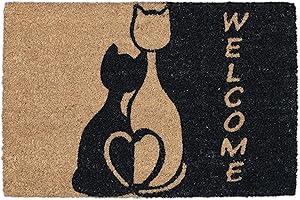 ‎RELAXDAYS Relaxdays Wycieraczka kokosowa, 60 x 40 cm, z kotami i sentencją Welcome, gumowana, do wewnątrz i na zewnątrz, dywanik pod drzwi, naturalna/czarna