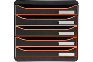 Exacompta - Réf. 309988D - BIG BOX PLUS - Caisson 5 tiroirs pour document A4+ - Dimensions extérieures : Profondeur 34,7 x largeur 27,8 x Hauteur 27,1cm - Noir/Tangerine orange/noir