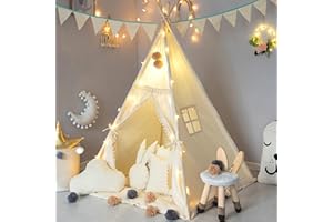 TreeBud Kinder Tipi Zelt mit gepolsterter Matte, Banner, Wollknäuel, Tragetasche, Elfenbein Baumwolle Leinwand Spielzelt für Kinder mit Quasten und Spitze, Spielhaus für Kinderzimmer Dekor