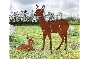 STEINFIGURENWELT GIEßEN Steinfigurenwelt Lot de 2 figurines de chevreuil debout avec faon 80 cm/32 cm Décoration de jardin en métal rouillé
