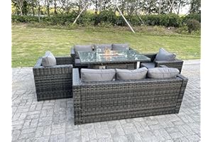 FMSGarden Outdoor Rattan Garden Furniture Gas Fire Pit Table Sets Gas Heater Lounge Chairs Dark Grey 8 Seater