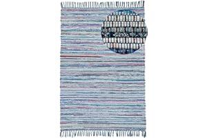 ‎CARPETFINE carpetfine Flickenteppich Kelim Chindi Blau 60x110 cm | Fleckerlteppich aus Baumwolle für Wohnzimmermit Fransen