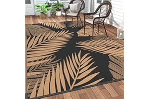 GENIMO Outdoor Rug 9' x 12' Waterproof for Patios Clearance, Reversible Outdoor Plastic Straw Camping Rug Carpet, Large Area Rugs Mats for RV, Camper, Deck, Balcony, Porch, Beach, Picnic, Black&Brown