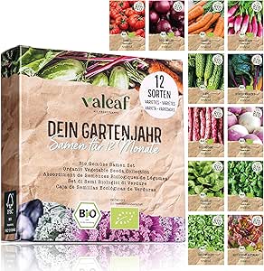 valeaf BIO Gartenjahr Samen Set I Gem&uuml;sesamen das ganze Jahr I 12 Monate Samen Gem&uuml;se I Gem&uuml;sesamen Set f&uuml;r Hochbeet, Balkon und Garten I Samen Set mit Gem&uuml;se Saatgut I 12er BIO Pflanzensamen Set