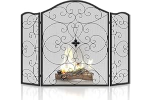 SCENDOR GARDEN SCENDOR Fireplace Screen 3 Panel Wrought Iron 50"(L) x 36"(H) Modern Stylish Foldable Safety Fire Place Fence Spark Guard Cover Black