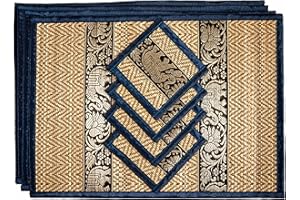 CCCOLLECTIONS Hand-Woven Wicker Reed Placemats and Coaster Set - Eco-Friendly Alternative to Plastic - Heat Resistant - Thai Style - Durable and Easy to Clean - Perfect for Dining Table Décor - Set of 4 (Medium Navy Blue)