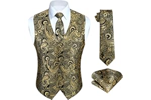 HISDERN Men's Paisley Waistcoat Floral Jacquard Necktie Pocket Square Handkerchief Wedding Party Business Fit Vest Suit Set XS-6XL