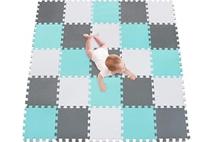 meiqicool Alfombrillas para Puzzles | Alfombra Puzzle para Niños Bebe Infantil Suelo de Goma EVA Suave 142 x 142 cm 25 Piezas Blanco-Turquesa-Gris AHL