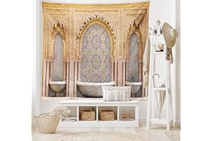 ABAKUHAUS marocain Tapisserie, Rabat Tour Hassan, Décoration Murale en Tissu pour la Chambre à Coucher Le Salon Le dortoir, 230 cm X 140 cm, Abricot Brun Pâle