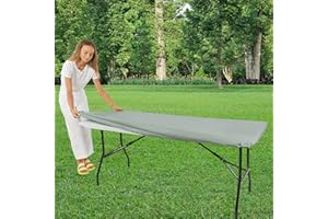 MOTY Nappe de table pliante rectangulaire en plastique vinyle avec bord élastique pour Noël, fête, pique-nique (gris clair, 2,4 m, 81,3 x 243,8 cm)