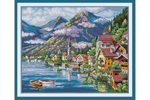 Joy Sunday Kit per punto croce 14CT a trama contata, Include Tela Aida, Filo di Cotone, Ago e Disegno - Ideale per Adulti e Principianti, fili DMC da ricamo, Villaggio Alpino 54cm X 44cm