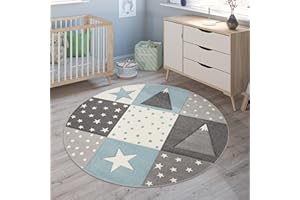 ‎PACO HOME Paco Home Kinderteppich Teppich Kinderzimmer Junge Mädchen Pastell Modern Kariert Punkte Mond Sterne Weiß Grau Blau, Grösse:Ø 160 cm Rund