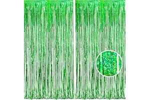 BRAVESHINE 2PCS Green Tinsel Foil Fringe Curtain Party Backdrop - 3.2x8.2ft Sparkle Tinsel Metallic Curtains for Christmas Kids Birthday Dinosaur Jungle Graduation St Patricks Day Party Decorations