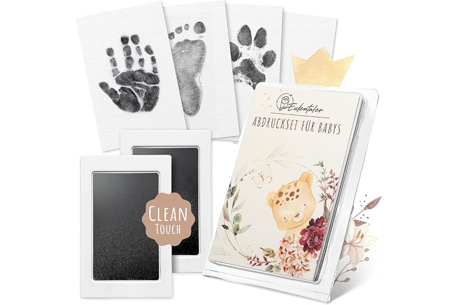 EULENTALER ® Das Baby Abdruckset I 0-6 Monate I Von Pädagogen empfohlen I Für Handabdruck, Fußabdruck & Pfotenabdruck I inkl. 2 Stempelkissen & 4 Abdruckkarten I Geschenk zur Geburt