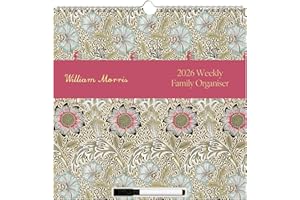 ROBERT FREDERICK Calendrier mural organisateur familial William Morris 2026 | Planificateur mensuel 5 colonnes avec stylo, superposition effaçable et listes de courses et de tâches détachables