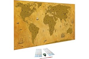 WIDETA Mappa del mondo da grattare Vintage, XXL (82 x 43 cm)/ Carta patinata extra speso 300 g/m² e laminata con pellicola protettiva/Bonus accessori