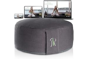 BACKLAXX ® Yogakudde, meditationskudde XL Ø 35 cm [30 % mer sits], 15 cm hög med bovetefyllning, perfekt meditationstillbehör, yoga middag rund inkl. videokurs – Pouf sittdyna golv
