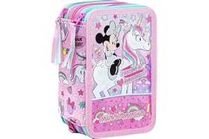 CLONDO Disney Minnie Mouse Con Unicornio Estuche Triple Lleno para Niñas, Plumier Triple, 44 Accesorios Educación Primaria, 20 Centímetros, 3 Cremalleras, Compartimentos Organizados