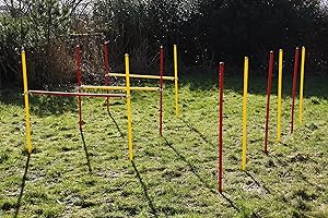 Wuzzmann Agility-Set für Hunde - Rot/Gelb - Übungs-Hürden/Slalom-Stangen-Set - Ohne Werkzeug auf/abzubauen - Kräftige Erdnägel für sicheren Stand