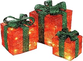 WeRChristmas Gift Box Silhouette with 35 Warm White LED Lights and Tinsel - Red, Set of 3