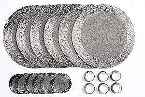 Penguin Home Handcrafted Glass Beaded Round Placemats, Coasters & Napkin Rings Set of 18 - Handmade Table Place Mats for Dining - 32 cm (13") Diameter (Silver and Antique Silver)