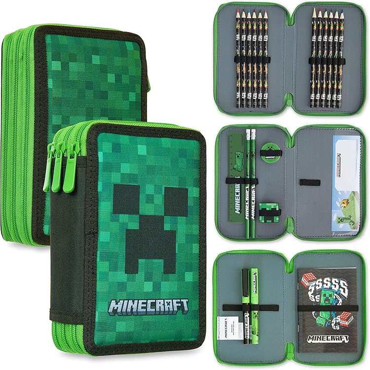 MINECRAFT Officieel Minecraft pennenetui, voor jongens en meisjes, rechthoekig, groot, ideaal voor het opbergen van schrijfwaren, met praktische ritssluiting, 22 x 11 cm hoogte 8 cm, groen en zwart