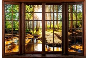 decomonkey Photo Wallpaper Forest 300 x 210 cm - Landscape Nature Trees Sun Wall Mural Non-Woven Murals Wall Art Modern Design Print Home Decoration Lake Window View Bedroom Living Room Green