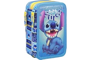 CLONDO Stitch Estuche triple relleno, 44 accesorios escolares, 3 cremalleras, 20 cm, Plumier triple compartimentos para niña y niño, con interior organizado