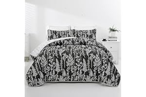 Lunoroey Bedspread King Size Black And White Floral Quilted Bedspreads Reversible Botanic Flowers Branches Lightweight Bedspreads Coverlets All Season Bedding Set (1 Quilt, 2 Pillow Shams)